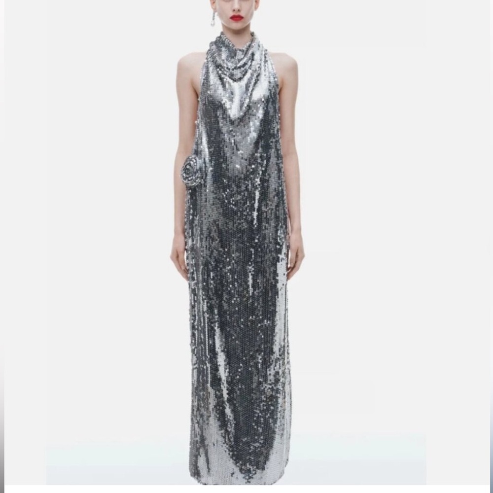 H&M x Magda Butrym Silver Sequin Maxi Dress in Size Large